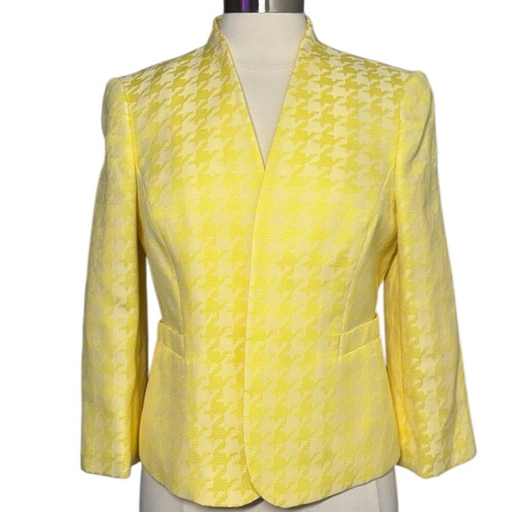 Kasper Yellow Houndstooth Textured Open Blazer 8P Petite Career Cropped